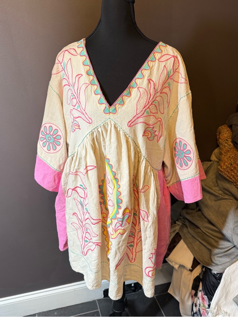 Cream Mini Dress with Pink Embroidery and Turquoise Accents